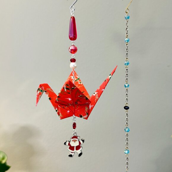 Origami Holiday Ornament #2330 - Large Crane with Handmade Paper & Enamel Santa - Picture 6 of 7
